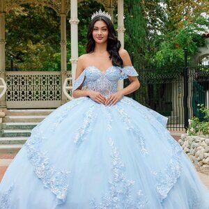 New Bahama Blue Romantic Floral Lace Embellished Long Quinceanera Gown JT1498J